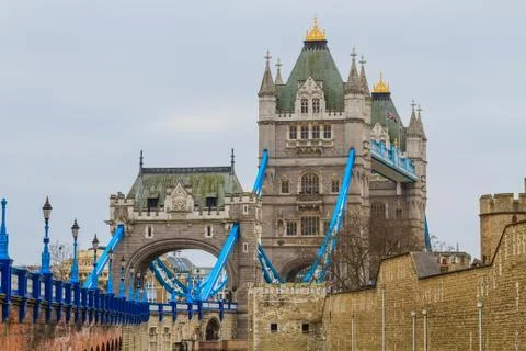 Tower bridge side view on rainy day, london, uk Stock Photos