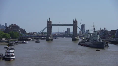 Tower Bridge Skyline with HMS Belfast on Hot Summers Day, 4K, 2024 Stock Footage 281579890
