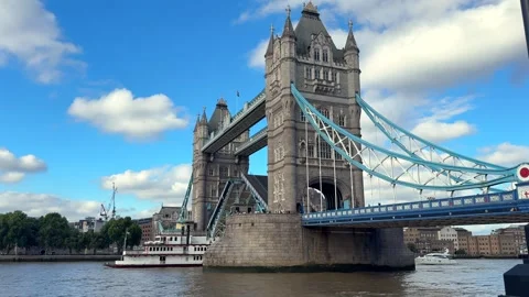 Tower Bridge Stone Towers And Blue Suspension Cables In London Stock Footage 338357971