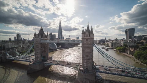 Tower Bridge, Sunny Day, Establishing Aerial View of London UK, United Kingdom Stock Footage 135161859