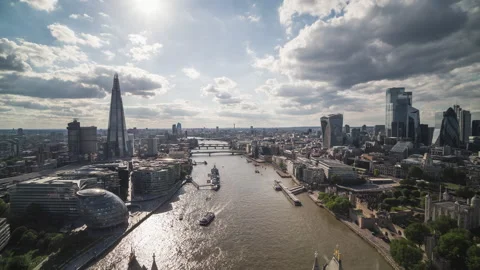Tower Bridge, Sunny Day, Establishing Aerial View of London UK, United Kingdom Stock Footage