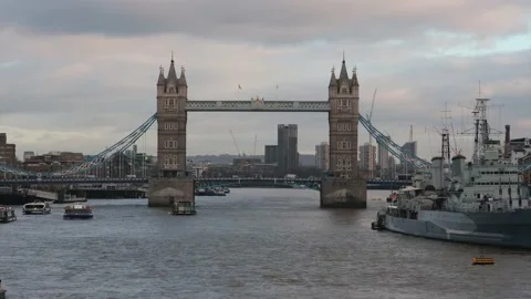 Tower Bridge On The Thames River in London Stock Footage 231098424
