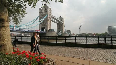 The Tower Bridge from the Thames Riverbank 2 Stock Footage 11128733