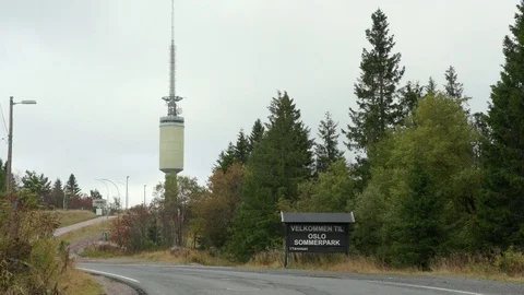 Tower broadcast tryvann oslo norway distant view behind forest 動画素材 80464700