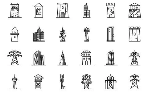 Tower Building Skyscraper Architecture Line Icon Set Stock Illustration