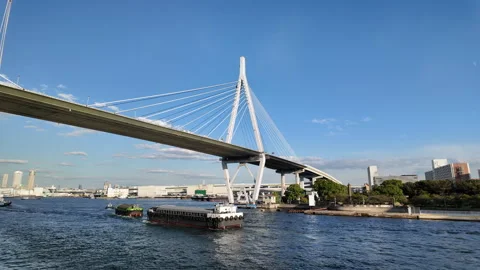 Tower, cables and deck of Tempozan Bridge. Stock Footage 290130945