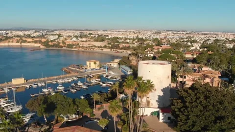 The tower of Cabo Roig seen from the air in the morning light. Stock Footage 152855951