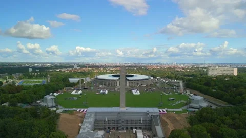 Tower center of the gate olympic stadium. Tranquil aerial view flight Berlin Stock Footage 220098897