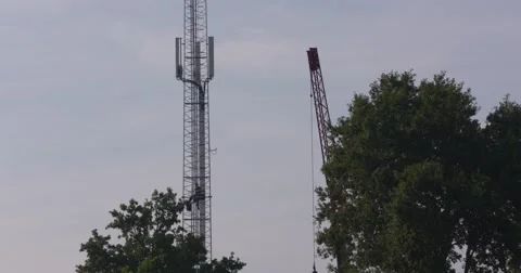 Tower climber in a cell tower, working at height above treetops Stock Footage 68411747