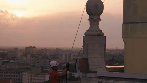 Tower Climber Climbing Aerial View Wide Shot Drone Above Safety Repair Worker 스톡 동영상 127617334