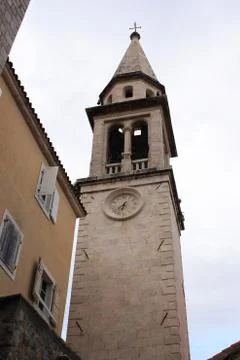 Tower with clock 6 40 pm. Moment in history Montenegro Stock Photos