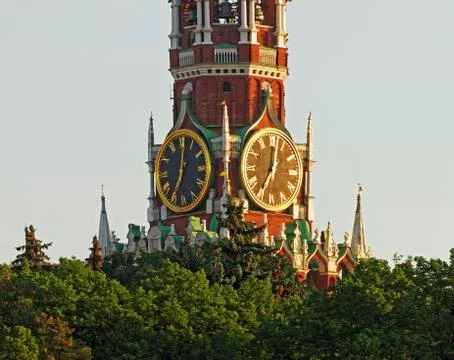 Tower clock on the red square clock tower Stock Photos