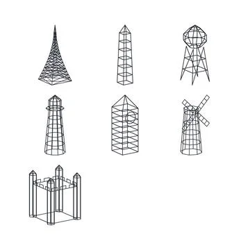 Tower collection wireframe blueprint angled view architecture 3d icon set Illustrazione stock