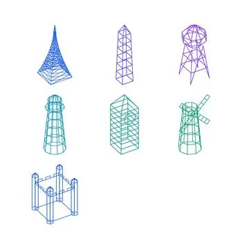 Tower collection wireframe cool aerial view architecture 3d icon set collection Illustrazione stock