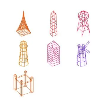 Tower collection wireframe warm aerial view architecture 3d icon set collection Illustrazione stock