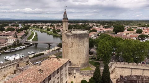 Tower of Constance medieval stone tower Aigues-Mortes southern France aerial Stock Footage 345287393
