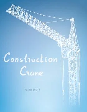 Tower construction crane. Hand drawn vector on blue Stock Illustration
