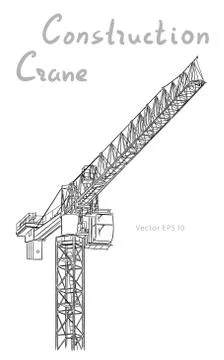 Tower construction crane. Vector line art on white Stock Illustration