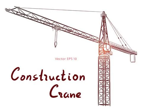 Tower construction crane. Vector line art on white Stock Illustration