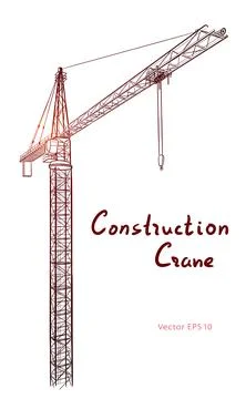 Tower construction crane. Vector line art on white Stock Illustration