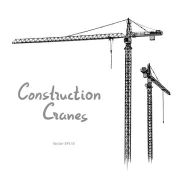 Tower construction cranes Hand drawn vector on white Stock Illustration