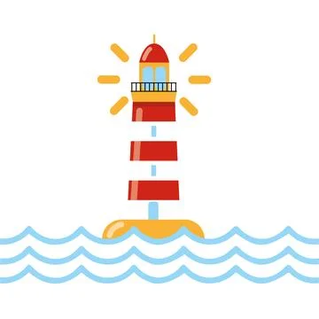 A tower containing a beacon light to warn or guide ships at sea Stock Illustration