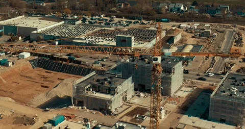 Tower Crane Above Excavation Pit, Large Construction Site, Aerial Drone Shot Stock Footage 340317278