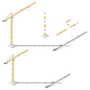Tower crane with adjustable boom length and tower height isometric icon set Stock Illustration
