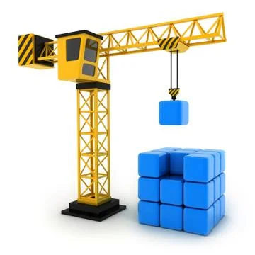Tower crane and abstract cube (done in 3d) Stock Illustration