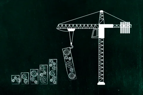 Tower crane building bar graph with gearwheels Ilustración de archivo
