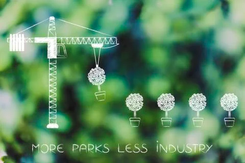 Tower crane building a line of trees, text more parks less industry Ilustración de archivo