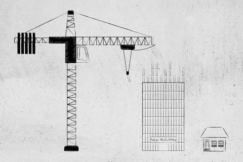 Tower crane building a skyscraper next to a small house Ilustración de archivo