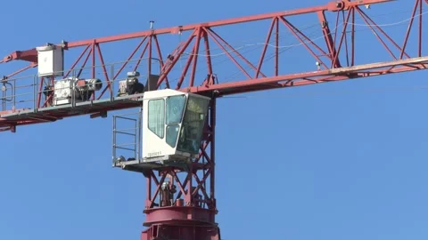 Tower crane cabin close-up working on a construction site Stock Footage 171639832