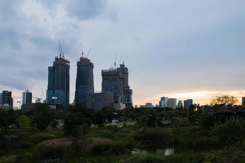 The tower crane at the construction site looking from the public park. Stock Photos