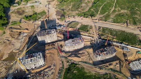 Tower crane during construction of a residential building. Construction site. Stock-Footage 156633536