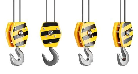 Tower crane hook on steel cable in different angles. Isolated heavy industrial Illustrazione stock