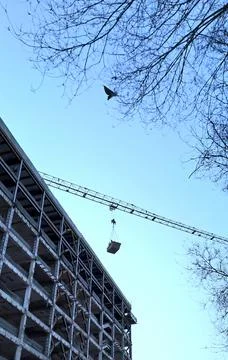 Tower crane lifting cargo at high-rise building construction site. Fotos Stock