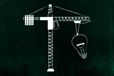 Tower crane lifting up a huge lightbulb, building innovation Ilustración de archivo