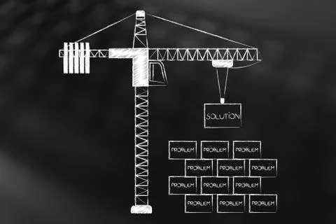 Tower crane putting a Solution brick (or box) above a group of problems Stock Illustration
