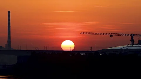 Tower Crane at Winter Sunrise Views 4K Timelapse Stock Footage 320777576