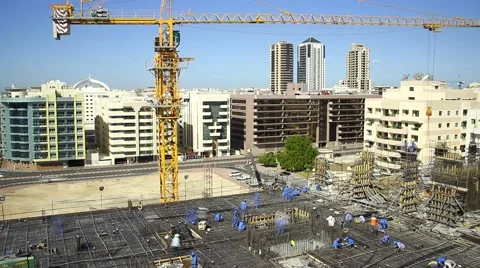 Tower crane at work, rebar mesh at construction site, time lapse Video stock 59964847