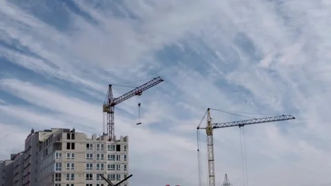 Tower cranes at the construction site Stock Footage 306525969