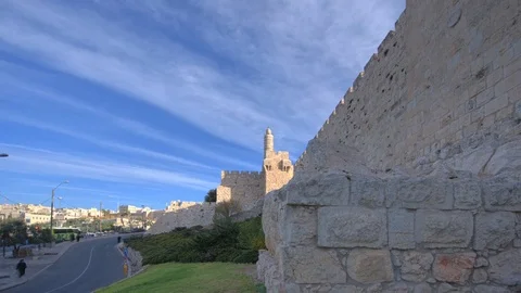 Tower of David and Old City of  Jerusalem Walls, Left Pan Time Lapse Stock Footage 100227075