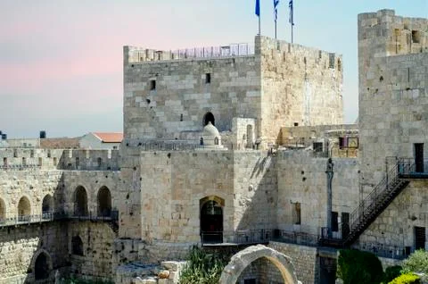Tower of David Flags and Arch inside Citadel Stock Photos