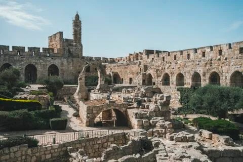Tower of David or Jerusalem Citadel. Jerusalem, Israel. Courtyard, behind a h Stock Photos