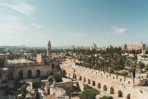 Tower of David or Jerusalem Citadel. Jerusalem, Israel. Courtyard, behind a h Stock Photos