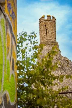 Tower of Devin castle with graffiti wall Stock Photos