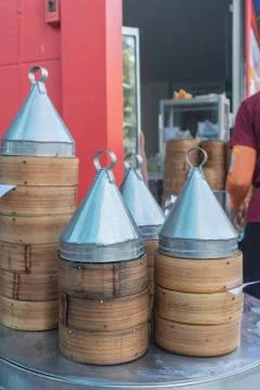 Tower of dim sum dumpling in the basket at Thailand Stock Photos
