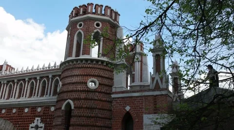 Tower Figured bridge in Tsaritsyno historical Park. Tree. Stock Footage 63034935