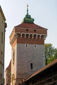 Tower of the Florian Gate close-up, architecture of the city of Krakow, Polan Stock Photos